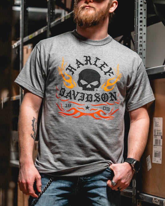 H-D Willie G Skull Flames Mens T-Shirt