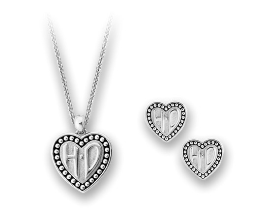 Harley-Davidson® Sterling Silver Beaded Heart Necklace & Earring Gift Set