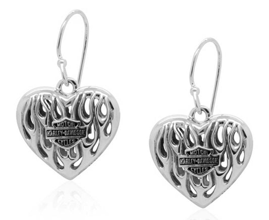Harley-Davidson® Womens Flames Bar & Shield Heart Dangle Earrings